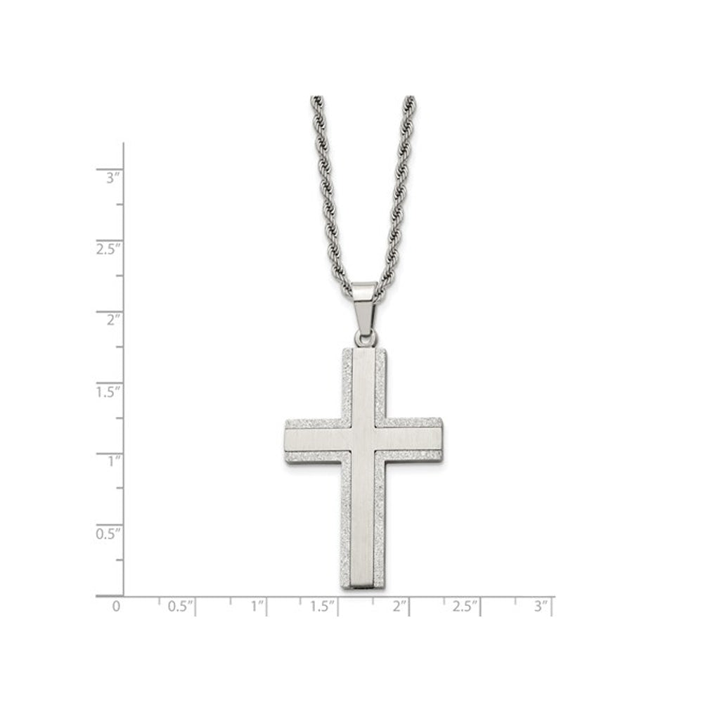 Mens Stainless Steel Polished Laser-Cut Cross Pendant Necklace with Chain Image 2