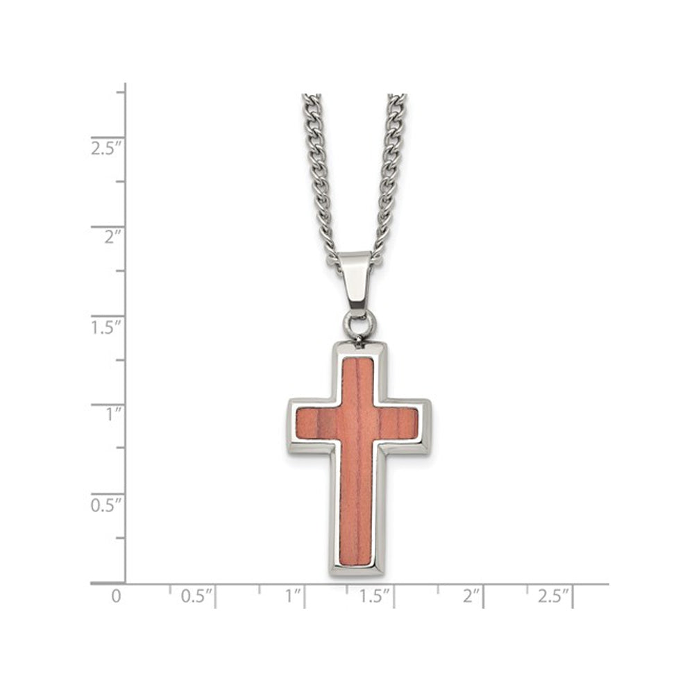 Mens Stainless Steel Polished Wood Inlay Cross Pendant Necklace with Chain Image 2