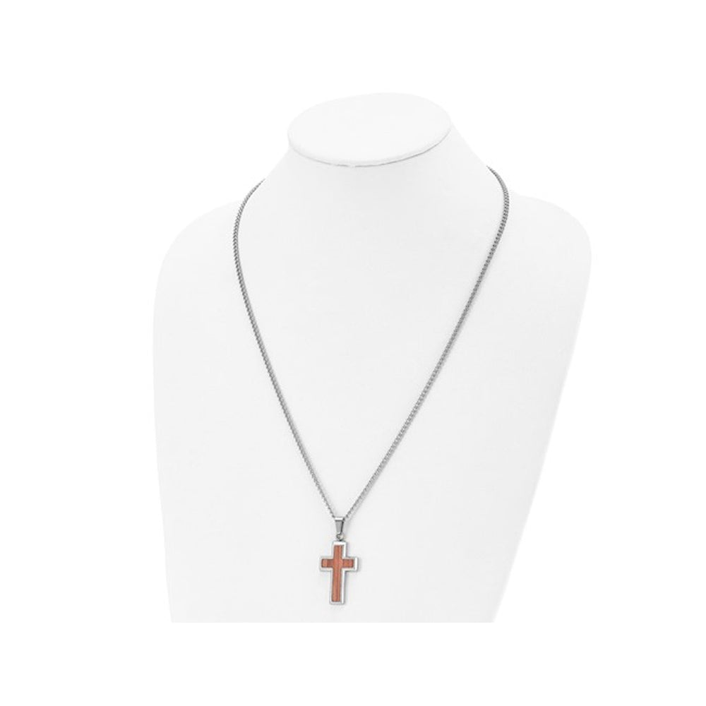 Mens Stainless Steel Polished Wood Inlay Cross Pendant Necklace with Chain Image 3