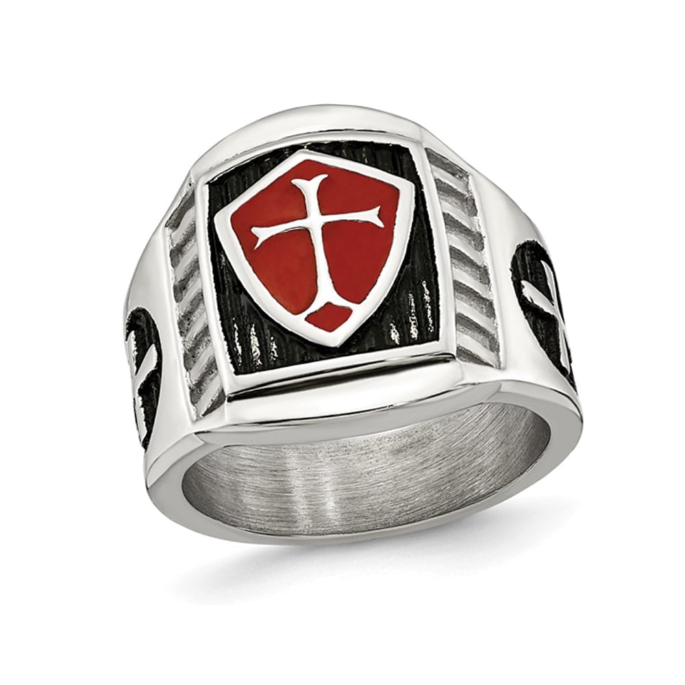 Mens Cross Antiqued Cross Shield Stainless Steel Ring Image 1