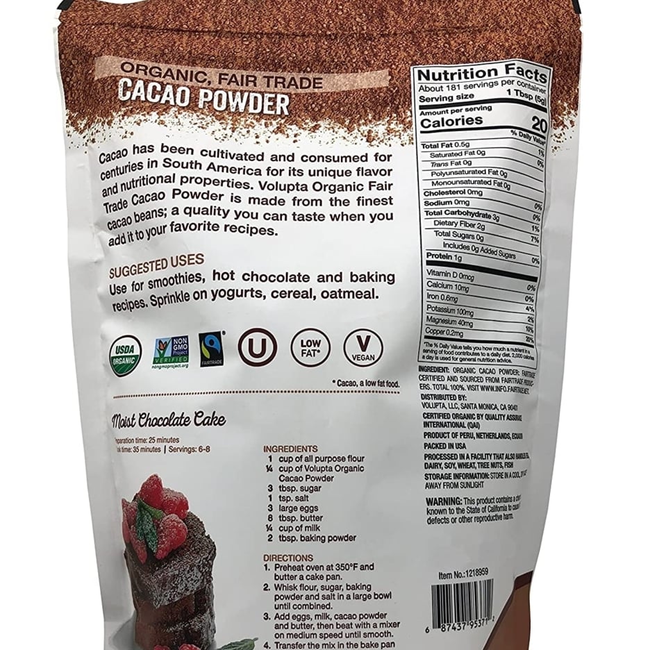 Volupta Organic and Fair Trade Unsweetened Super Food Cacao Powder 32 Ounce Image 2