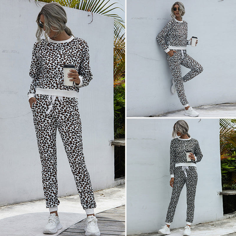 2 Pieces Leopard Print CrewNeck Casual Sweatshirt and Pants Tracksuit Image 1