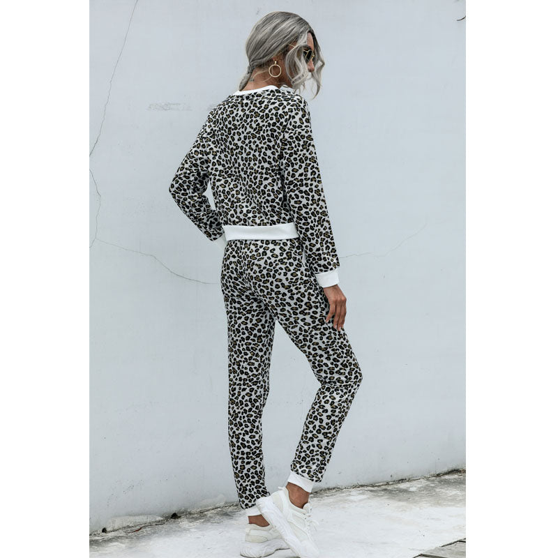 2 Pieces Leopard Print CrewNeck Casual Sweatshirt and Pants Tracksuit Image 3