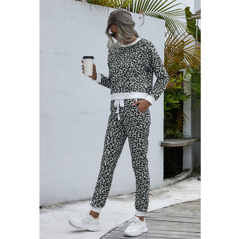 2 Pieces Leopard Print CrewNeck Casual Sweatshirt and Pants Tracksuit Image 2