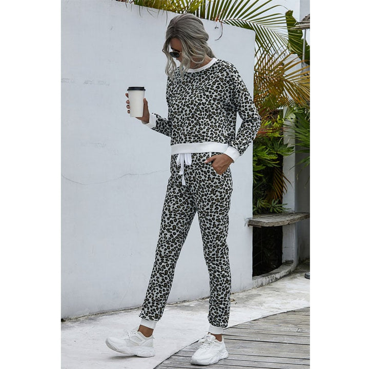 2 Pieces Leopard Print CrewNeck Casual Sweatshirt and Pants Tracksuit Image 1