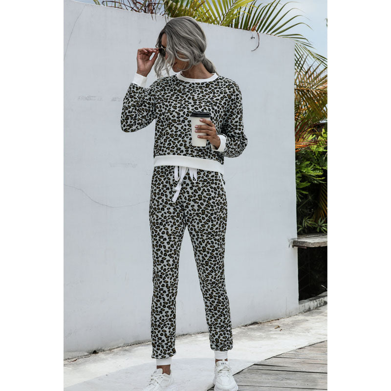 2 Pieces Leopard Print CrewNeck Casual Sweatshirt and Pants Tracksuit Image 4