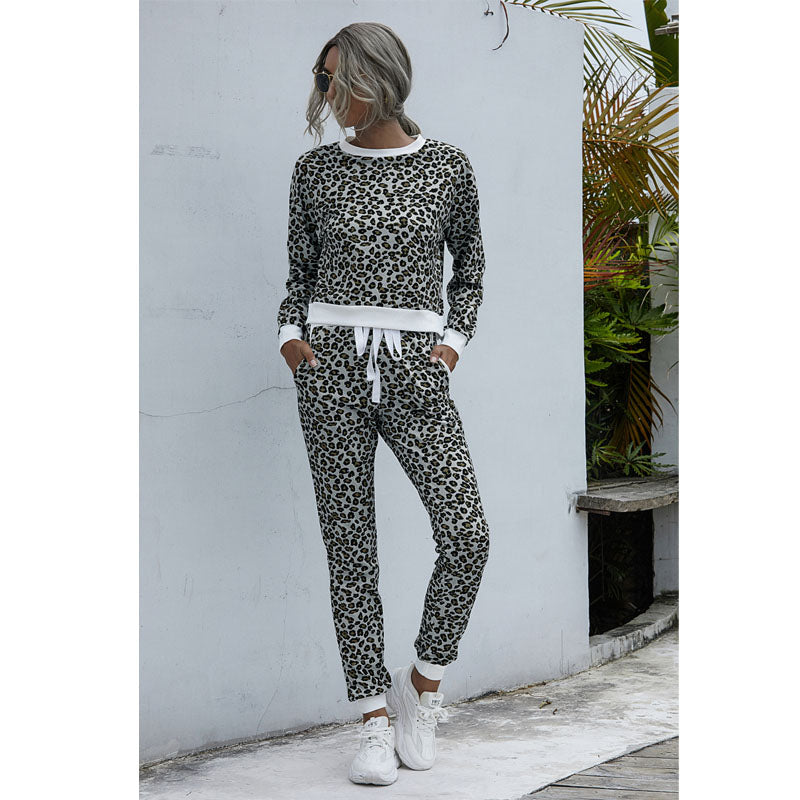 2 Pieces Leopard Print CrewNeck Casual Sweatshirt and Pants Tracksuit Image 6