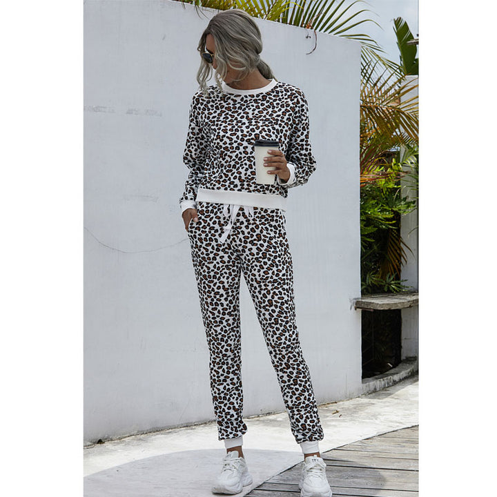 2 Pieces Leopard Print CrewNeck Casual Sweatshirt and Pants Tracksuit Image 7