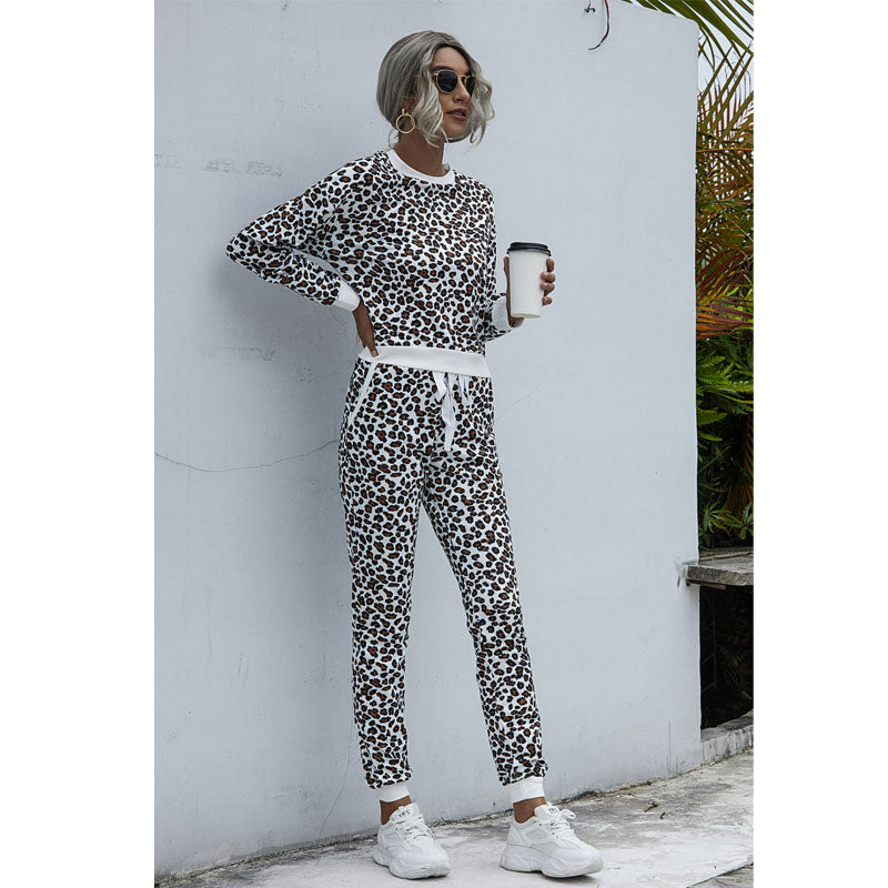 2 Pieces Leopard Print CrewNeck Casual Sweatshirt and Pants Tracksuit Image 9