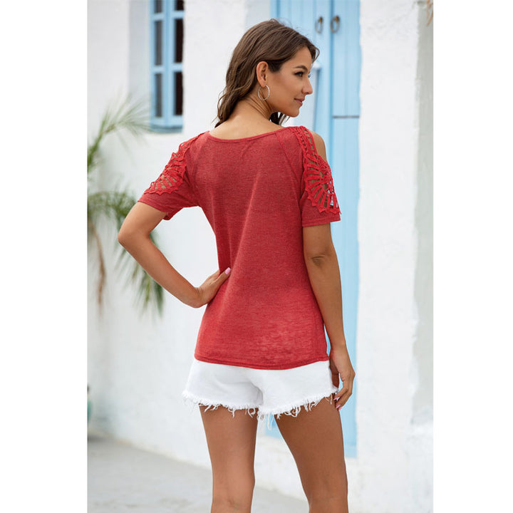 Womens Short Sleeve Lace Shirt Cold Shoulder Tops Basic Tee Crochet Blouses Image 4