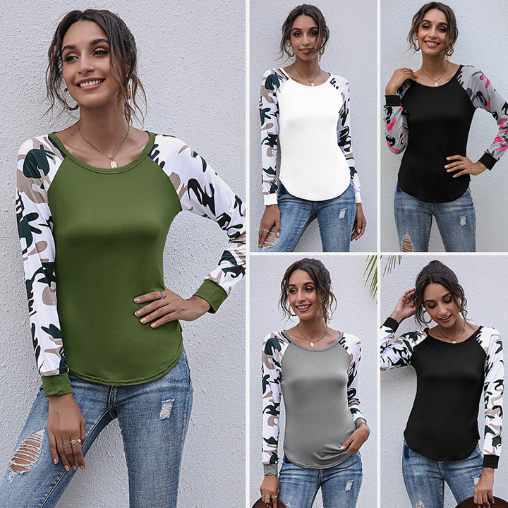 Womens Lightweight Raglan Camo Long Sleeve Pullover Sweatshirts Tunics Tops Shirts Image 1