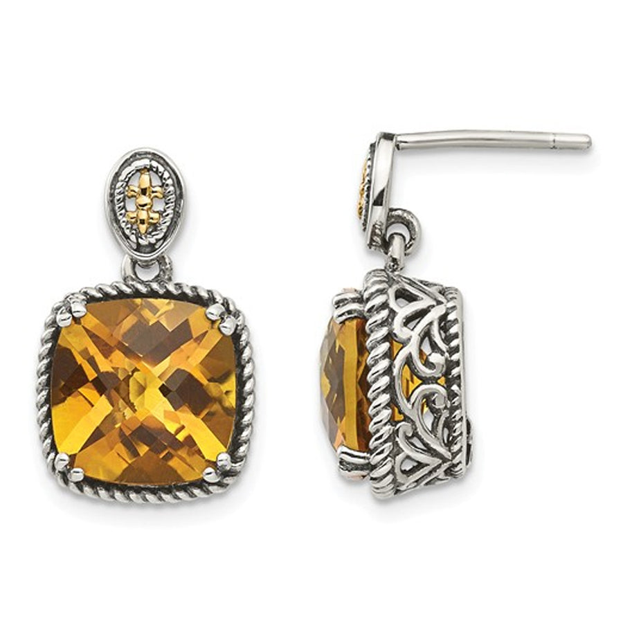 Natural Citrine 7.20 Carat (ctw) Post Drop Earrings in Sterling Silver with 14K Gold Accents Image 1