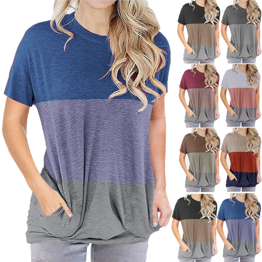 Womens Color Block Short Sleeve Tunic Top Shirt With Pockets in 7 Colors Size Small to 5XLarge Image 1