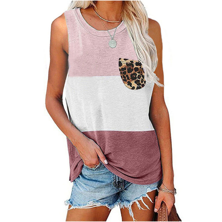 Women Sleeveless Color Block Leopard Pocket Tank Top Image 2