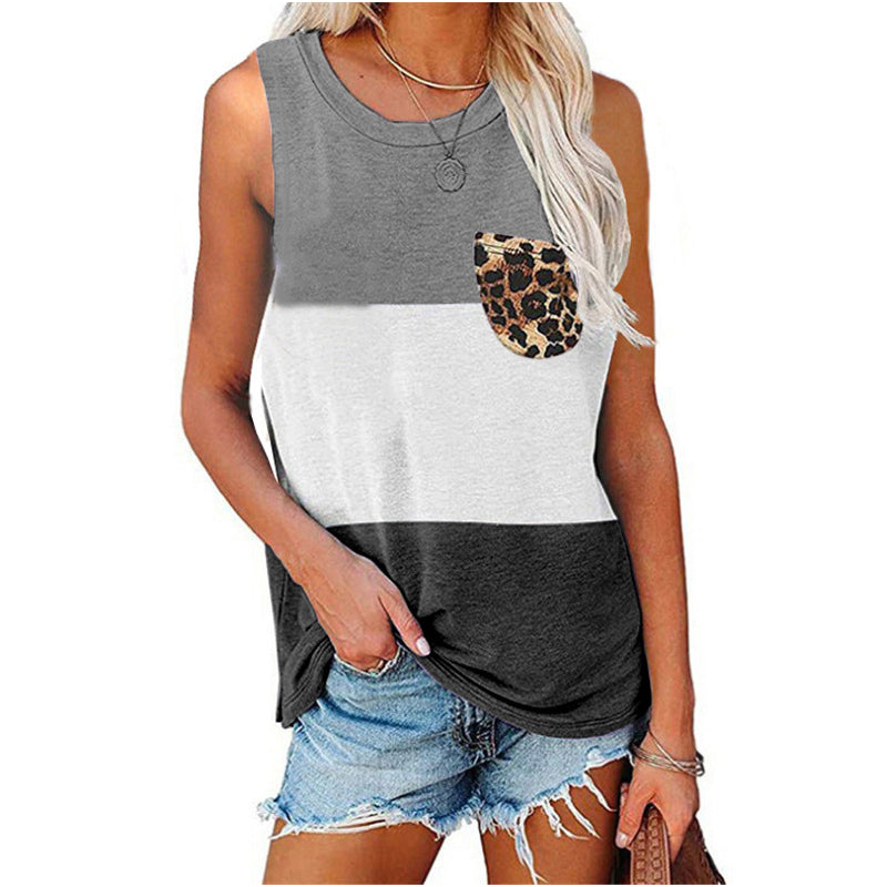 Women Sleeveless Color Block Leopard Pocket Tank Top Image 3