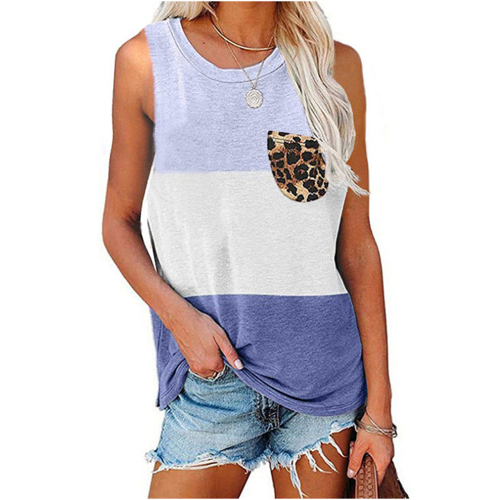 Women Sleeveless Color Block Leopard Pocket Tank Top Image 4