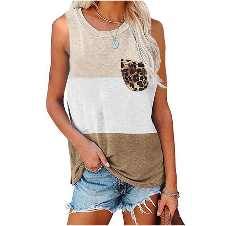 Women Sleeveless Color Block Leopard Pocket Tank Top Image 6