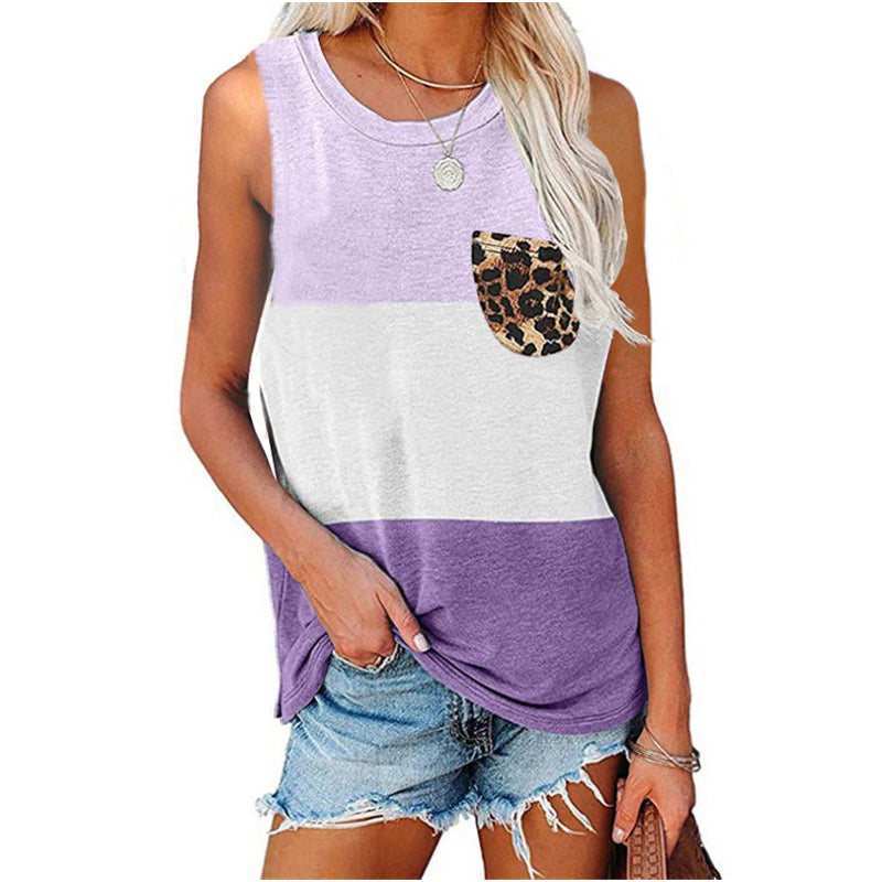 Women Sleeveless Color Block Leopard Pocket Tank Top Image 9