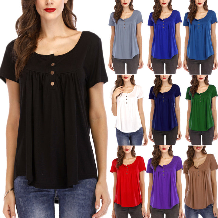 Women Pleated Soft Comfy Button Closure Tunic Top Image 1