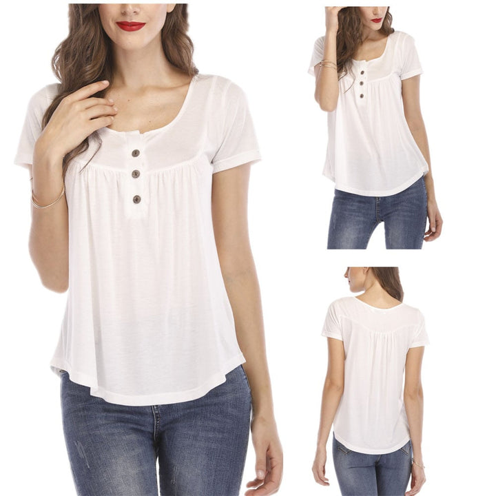 Women Pleated Soft Comfy Button Closure Tunic Top Image 1