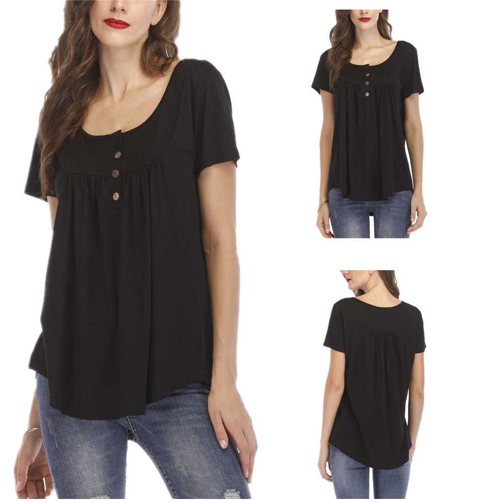 Women Pleated Soft Comfy Button Closure Tunic Top Image 4