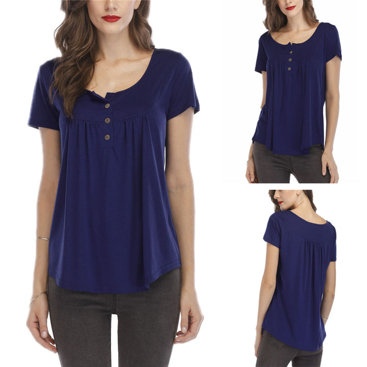 Women Pleated Soft Comfy Button Closure Tunic Top Image 7