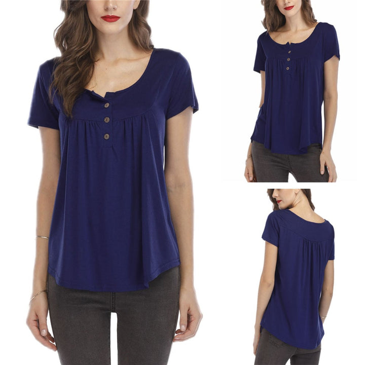 Women Pleated Soft Comfy Button Closure Tunic Top Image 1