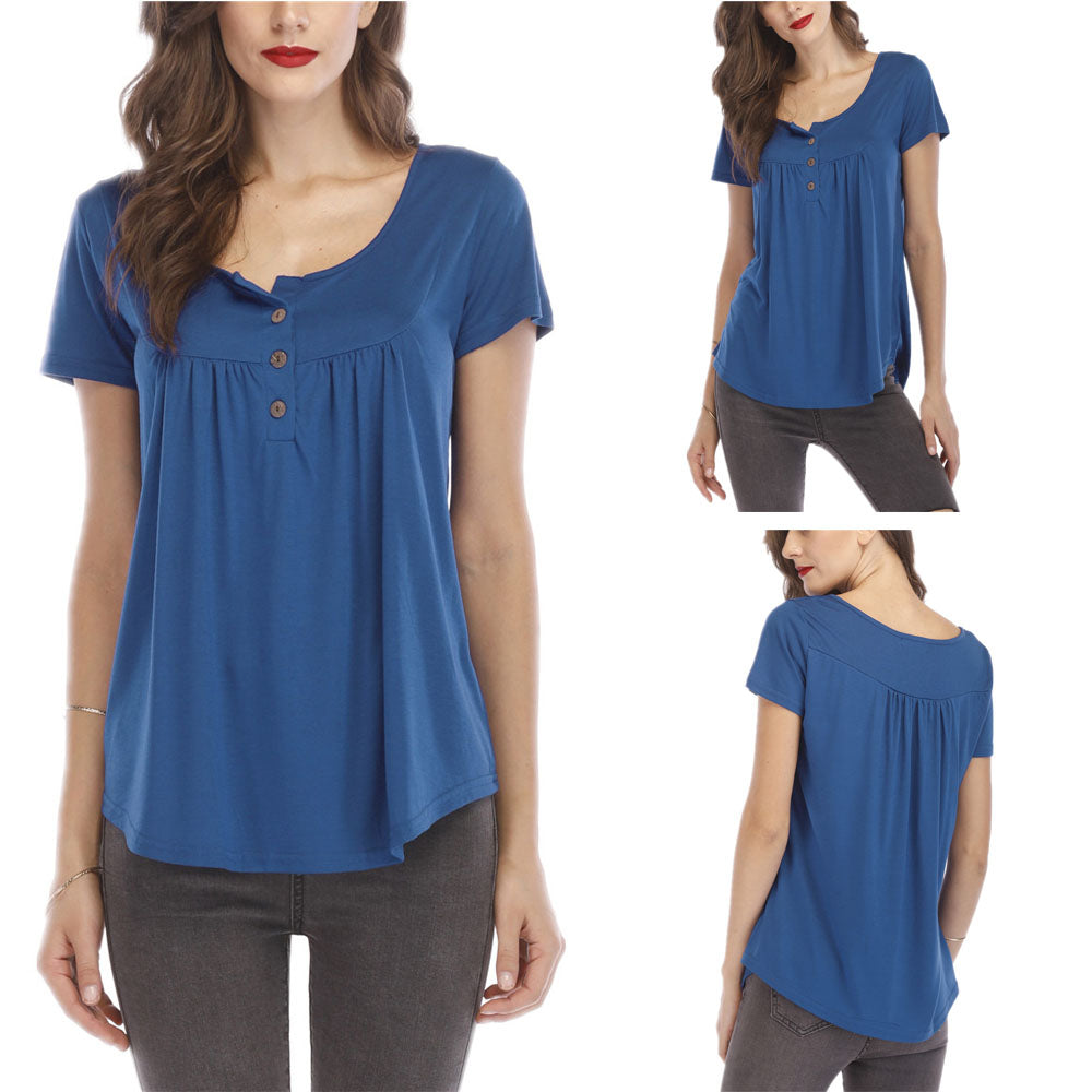 Women Pleated Soft Comfy Button Closure Tunic Top Image 8