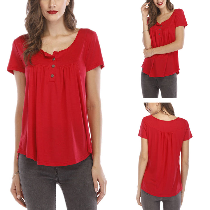 Women Pleated Soft Comfy Button Closure Tunic Top Image 9