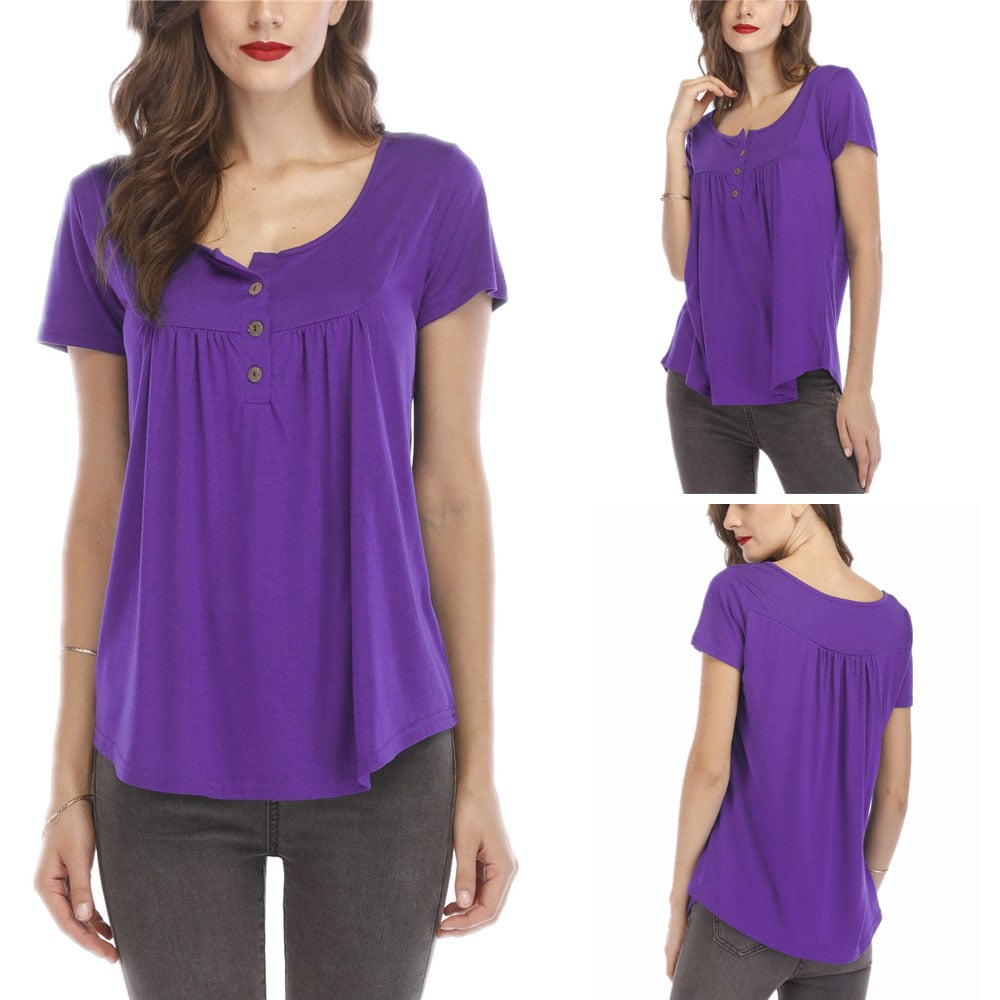 Women Pleated Soft Comfy Button Closure Tunic Top Image 1