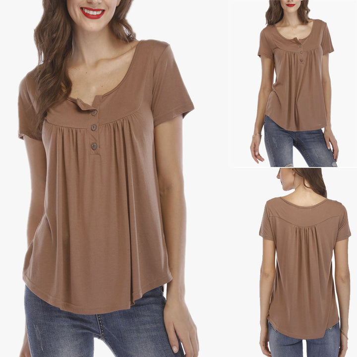 Women Pleated Soft Comfy Button Closure Tunic Top Image 10