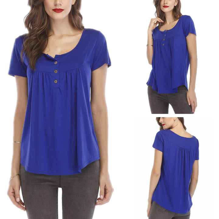 Women Pleated Soft Comfy Button Closure Tunic Top Image 1