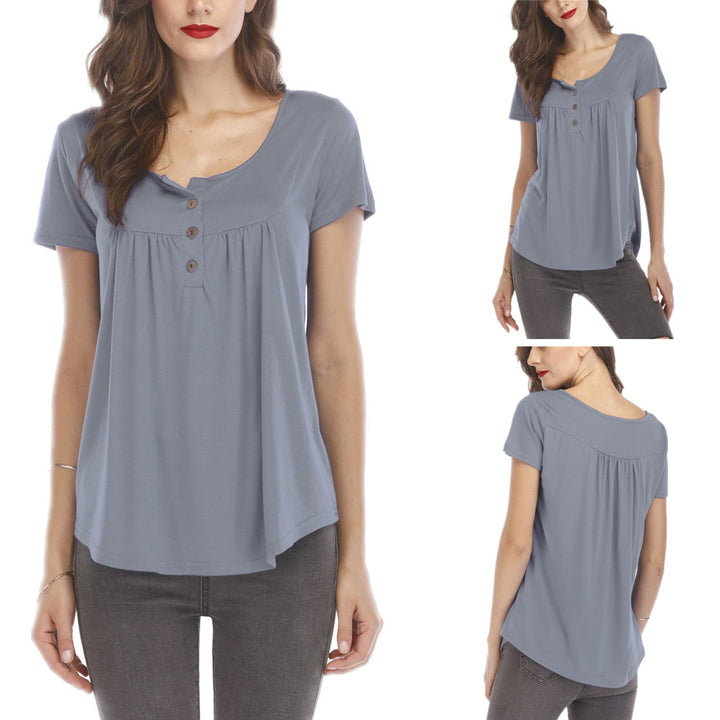 Women Pleated Soft Comfy Button Closure Tunic Top Image 11