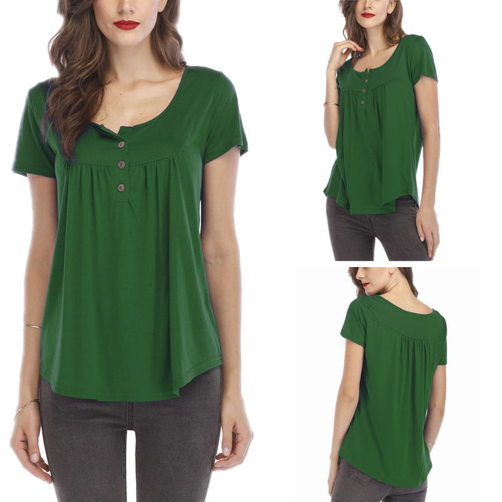 Women Pleated Soft Comfy Button Closure Tunic Top Image 6