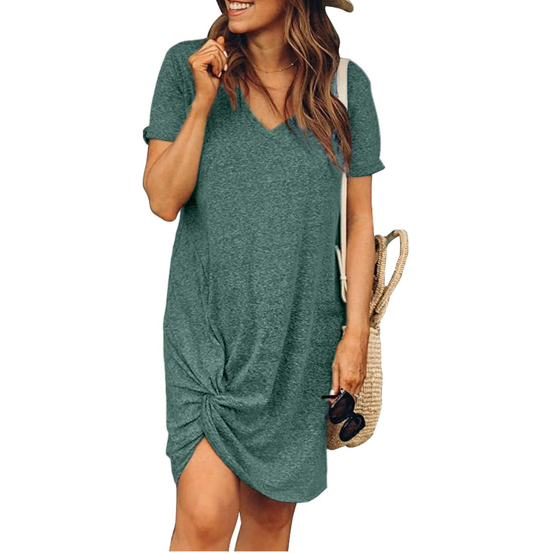 Casual V Neck Bottom Twist Knot Short Sleeve Dress Image 6