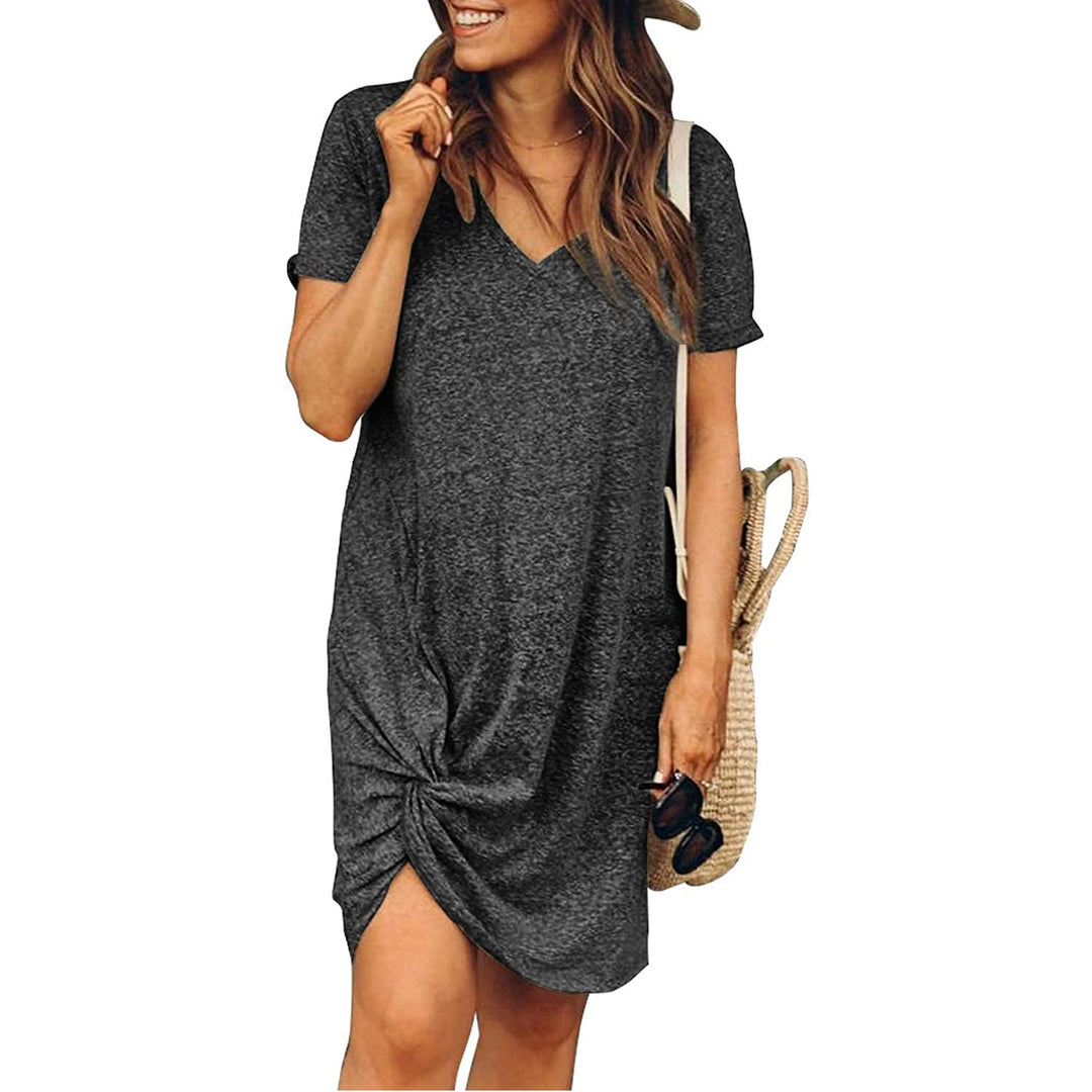 Casual V Neck Bottom Twist Knot Short Sleeve Dress Image 7