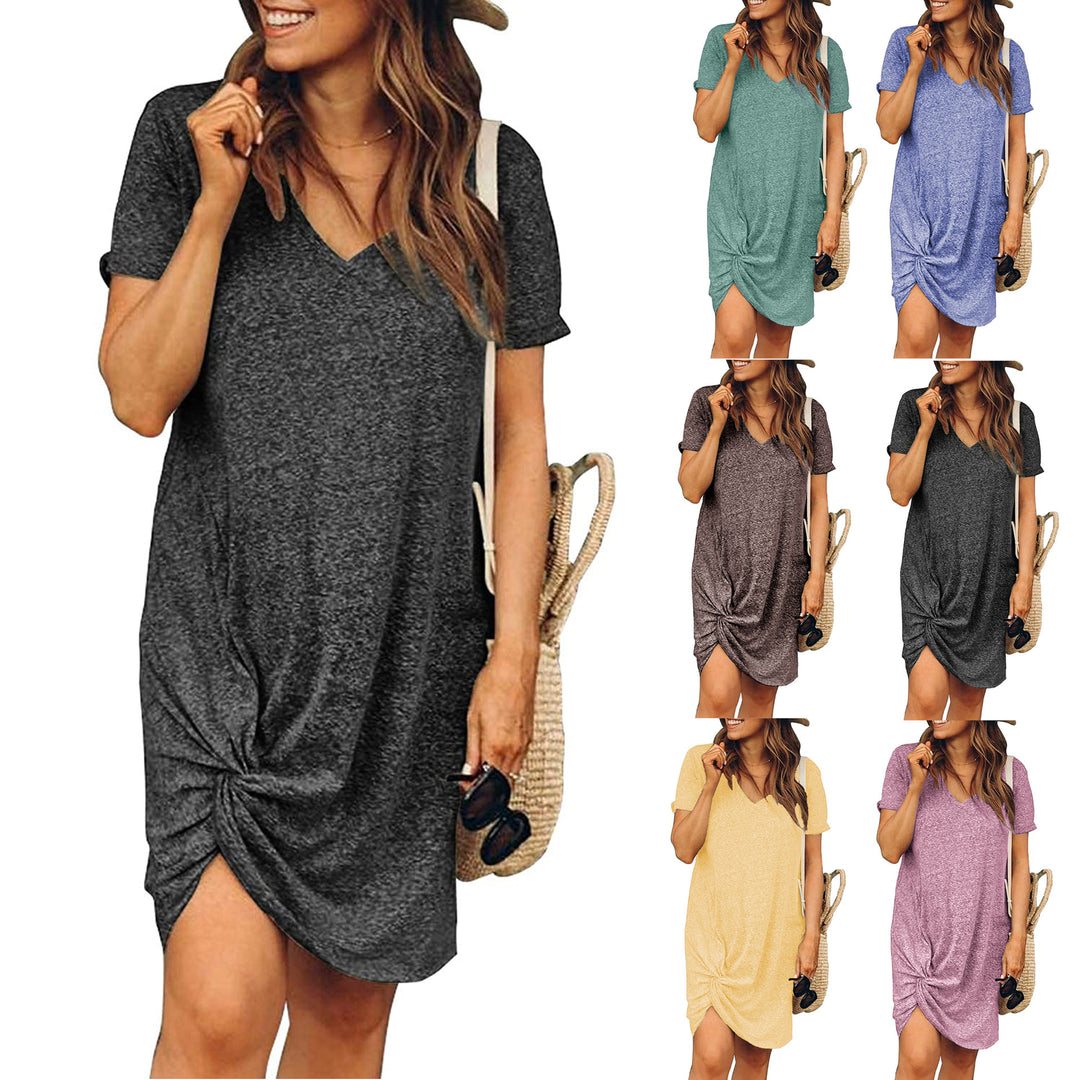 Casual V Neck Bottom Twist Knot Short Sleeve Dress Image 1