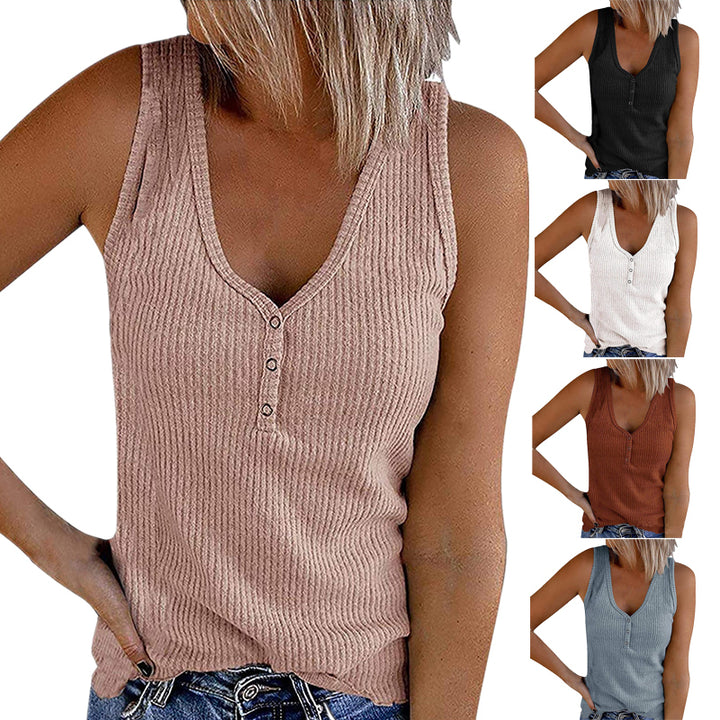 Women Waffle Knit Sleeveless Button Deco Tank Top Image 1