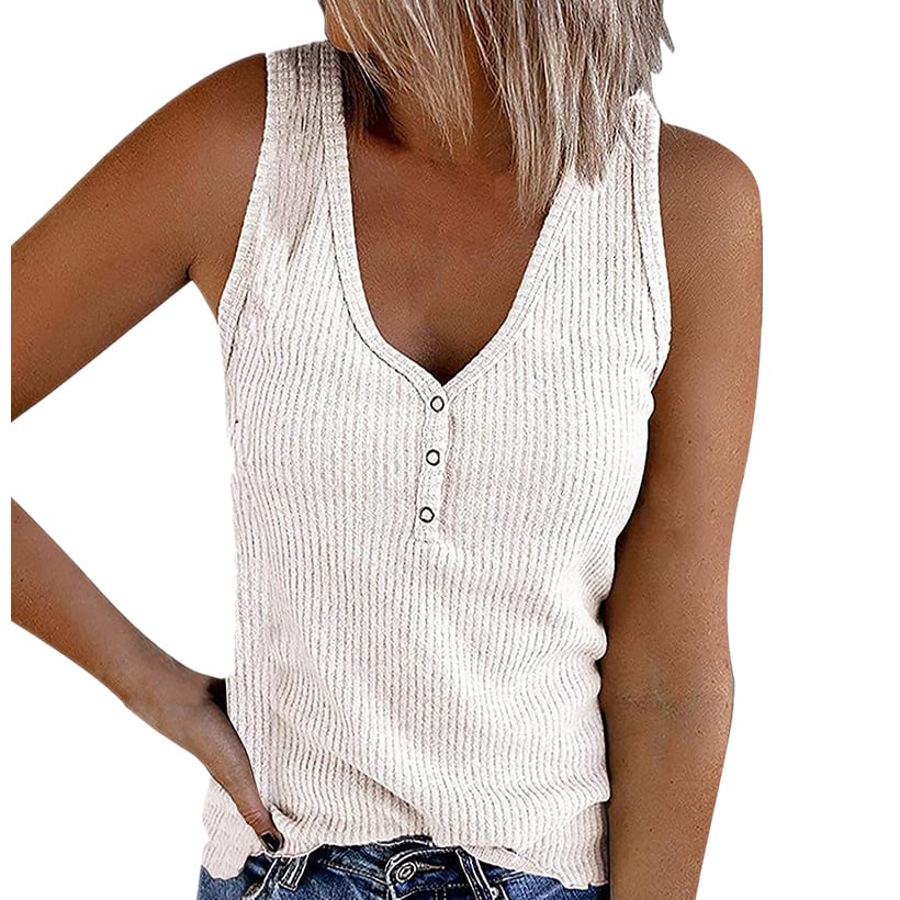 Women Waffle Knit Sleeveless Button Deco Tank Top Image 1