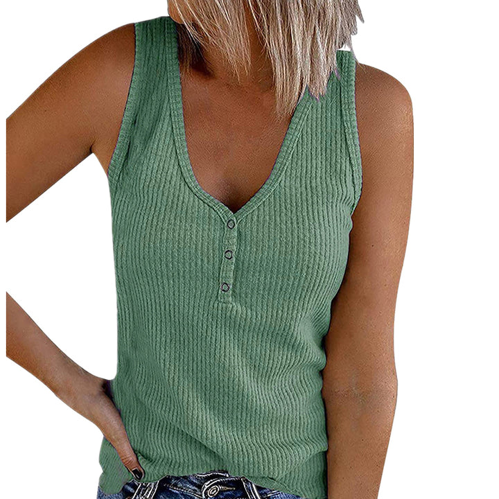 Women Waffle Knit Sleeveless Button Deco Tank Top Image 4