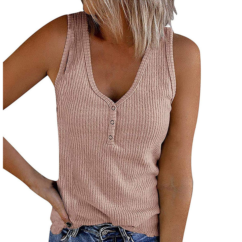 Women Waffle Knit Sleeveless Button Deco Tank Top Image 6