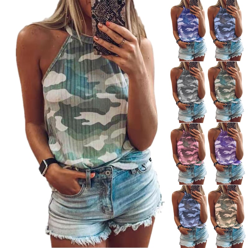 Women Summer Halter Neck Camo Print Tank Top Image 1