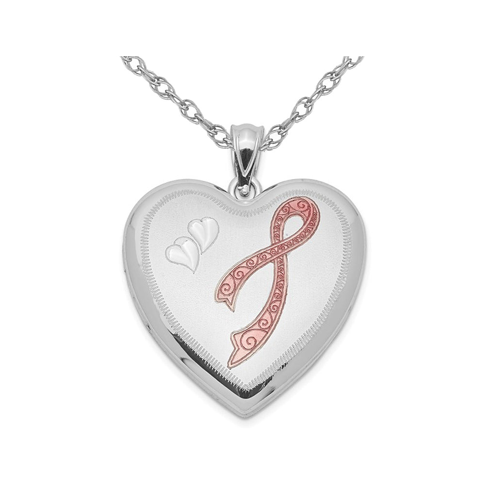 Sterling Silver Heart Shaped Ribbon Locket Pendant Necklace with Chain Image 1