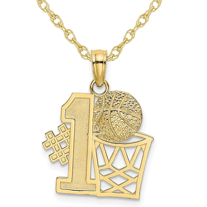 10K Yellow Gold No. 1 Basketball and Hoop Charm Pendant Necklace with Chain Image 1