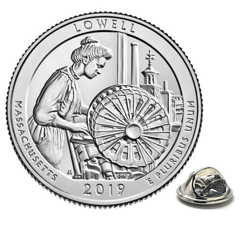 Lowell National Historical Park Coin Lapel Pin Uncirculated U.S. Quarter 2019 Tie Pin Image 1
