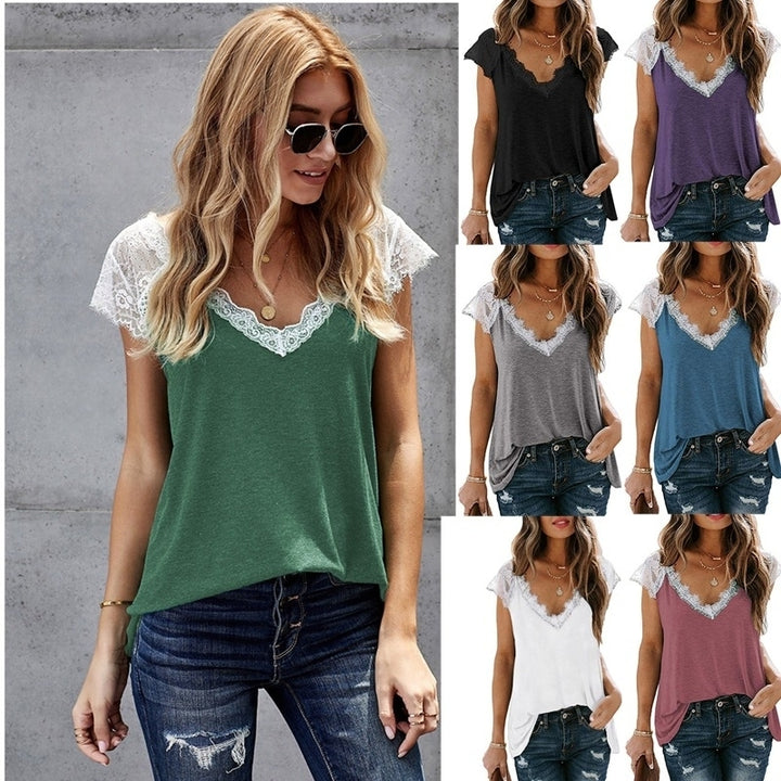 Lace Trim Sleeve V Neck Casual Soft Tunic Top Shirt Image 1