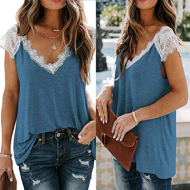 Lace Trim Sleeve V Neck Casual Soft Tunic Top Shirt Image 2