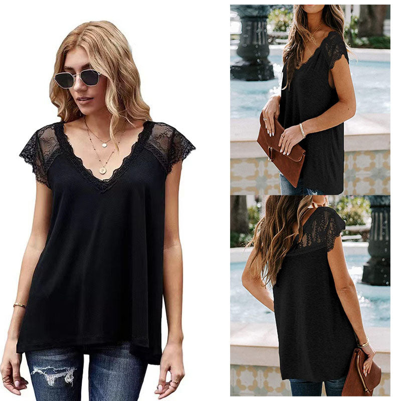 Lace Trim Sleeve V Neck Casual Soft Tunic Top Shirt Image 4