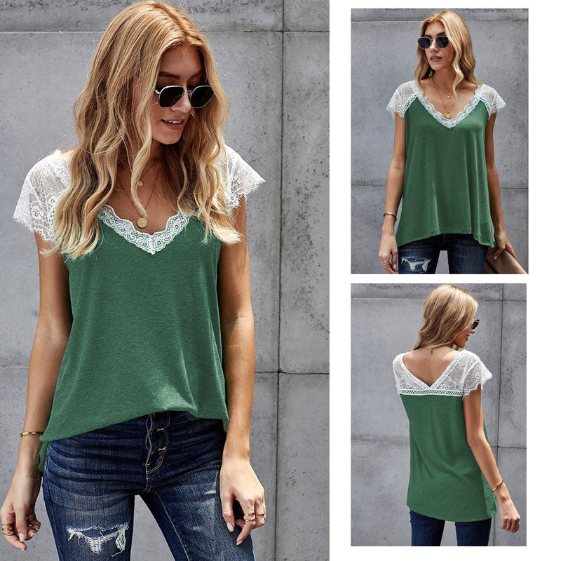 Lace Trim Sleeve V Neck Casual Soft Tunic Top Shirt Image 3