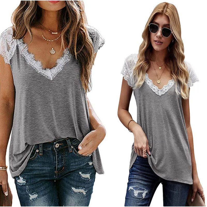 Lace Trim Sleeve V Neck Casual Soft Tunic Top Shirt Image 4